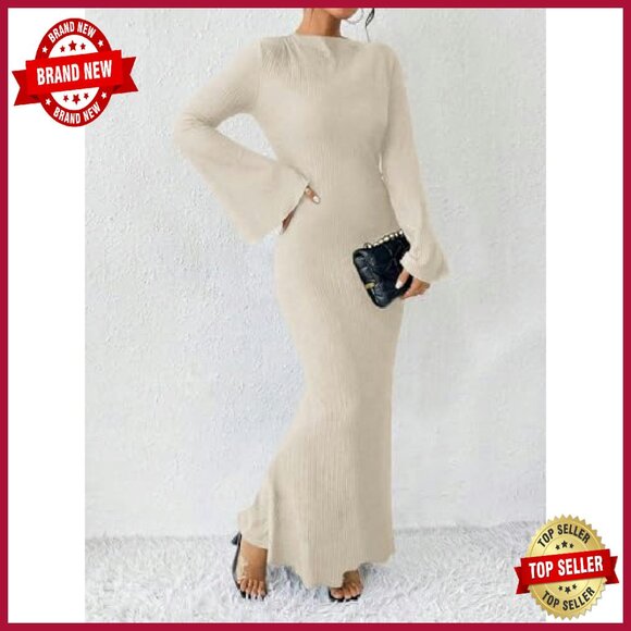 Maxi Dress with Flare Sleeves, Bodycon Fit, Mermaid Hem - Picture 5 of 8